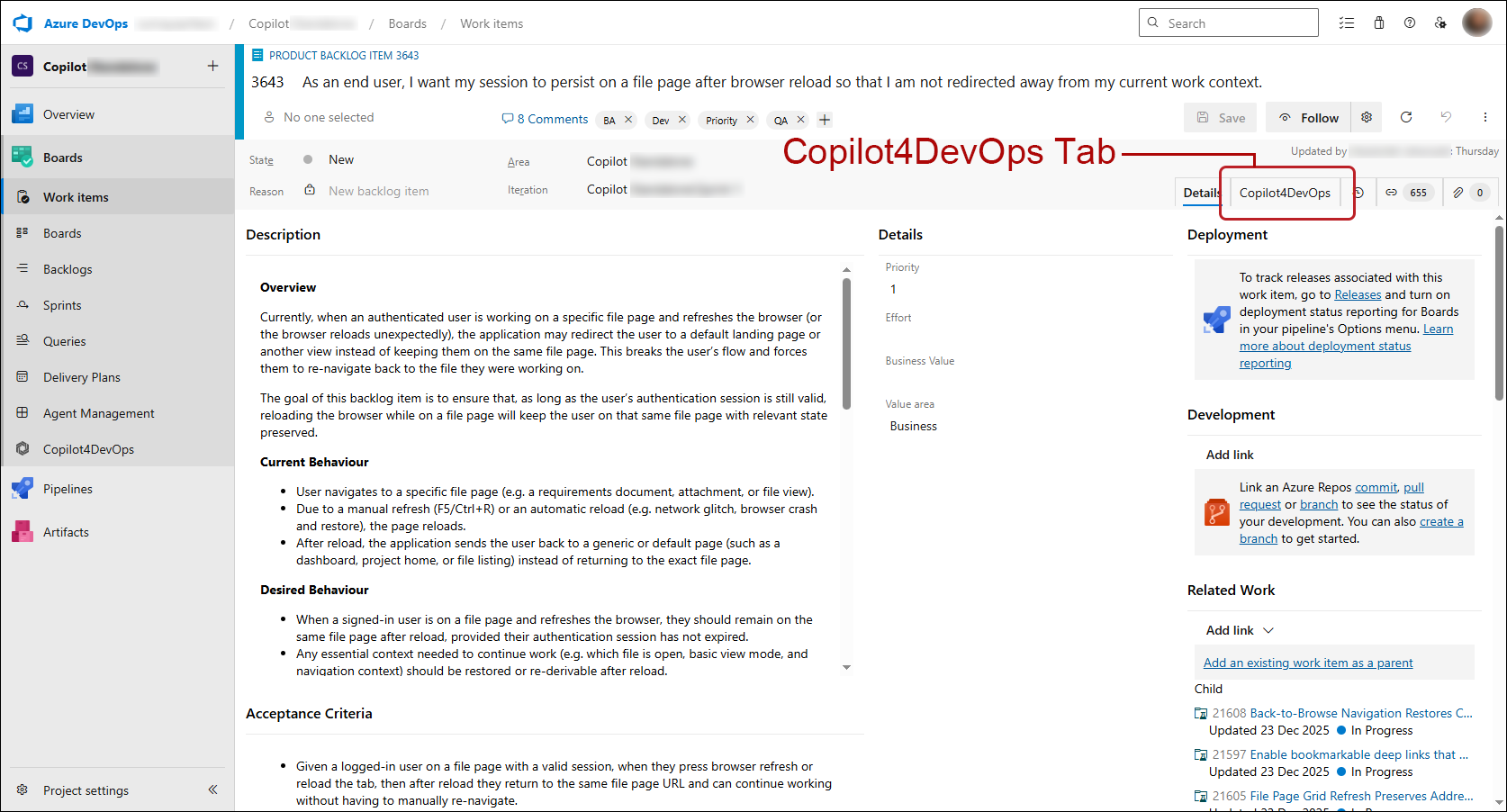Work Item Windows Tab