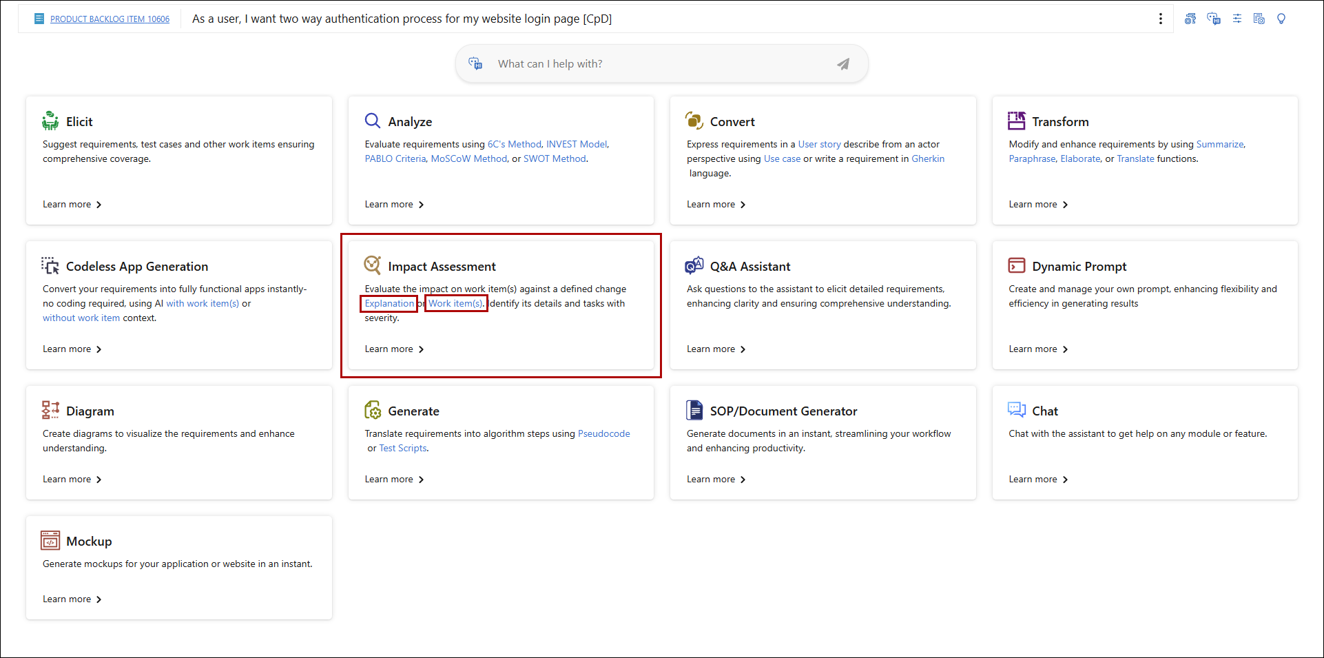 Assessment options popup