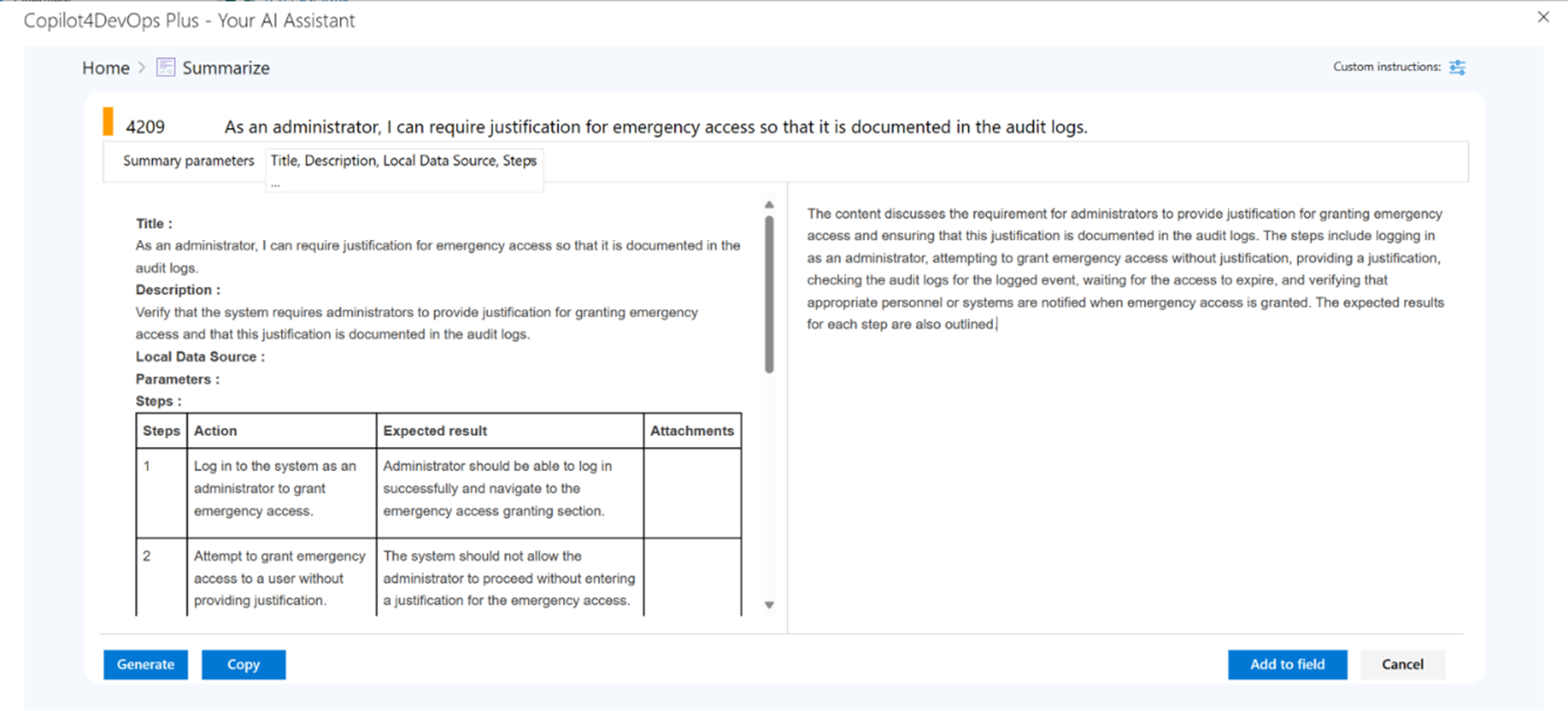 Copilot4DevOps Plus UI summarizing a long work item into a bite-size chunk