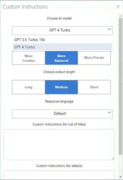 UI showing Custom Instructions GPT model selection in Copilot4DevOps Plus.
