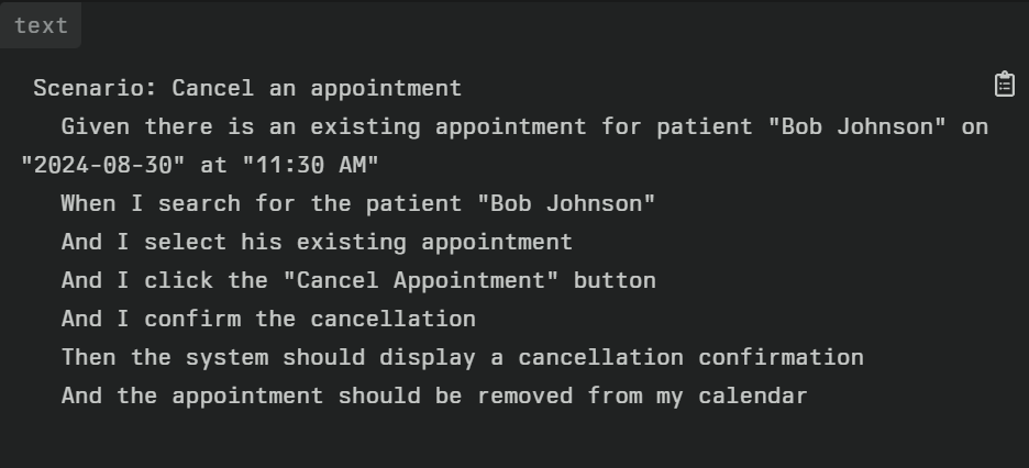 Gherkin scenario for cancelling an appointment in a healthcare management system, with patient selection, appointment picking, and cancellations.