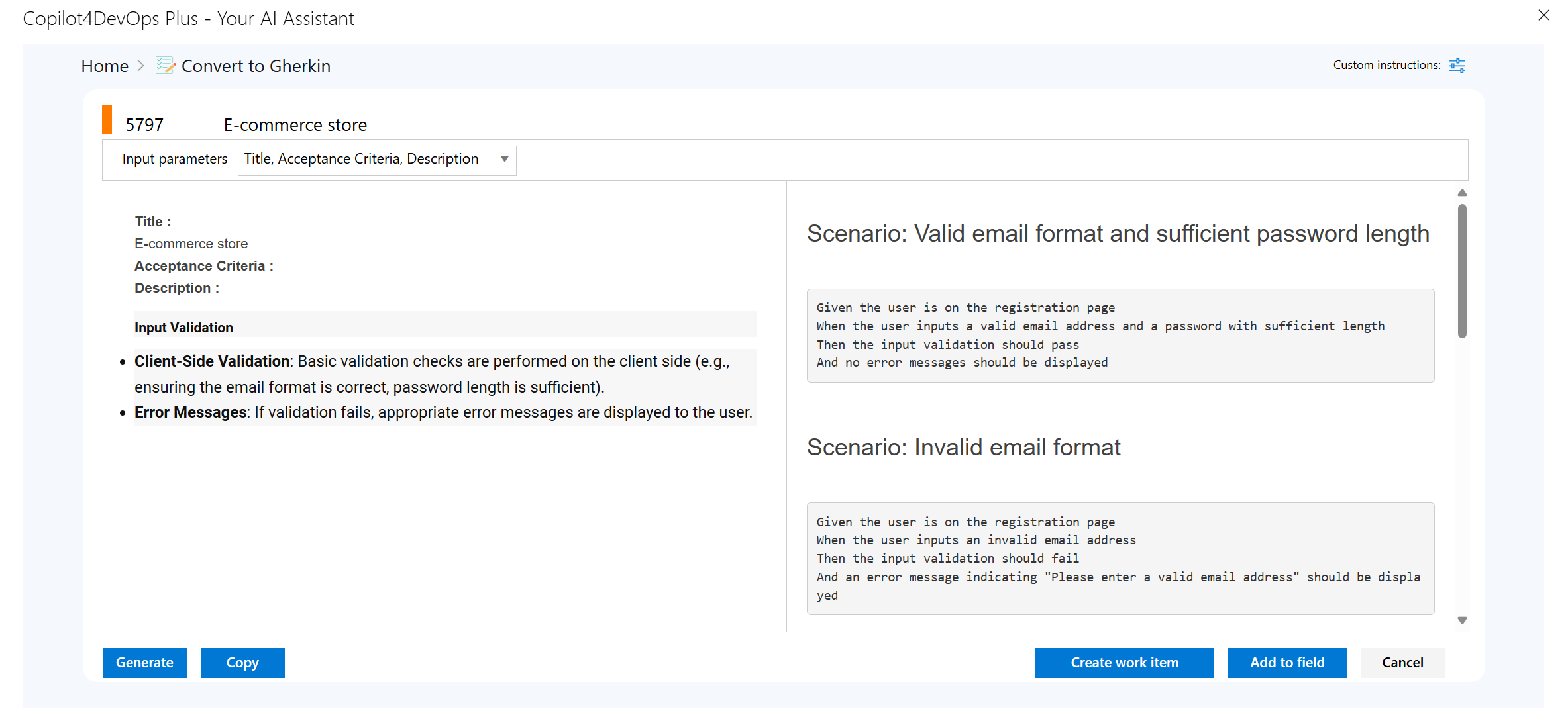 UI of Copilot4DevOps Plus generating Gherkins for an ecommerce login.