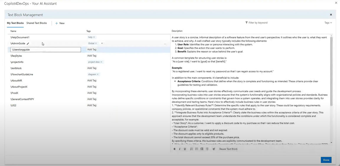 UI of text block feature of Copilot4DevOps.