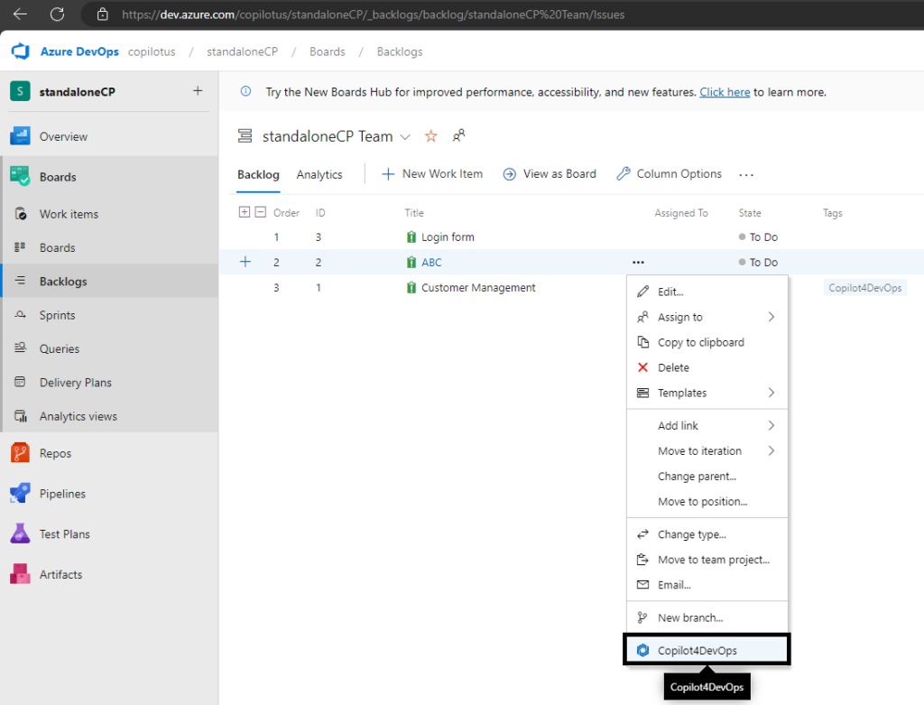 CoPilot4DevOps features are shown in Azure Boards.