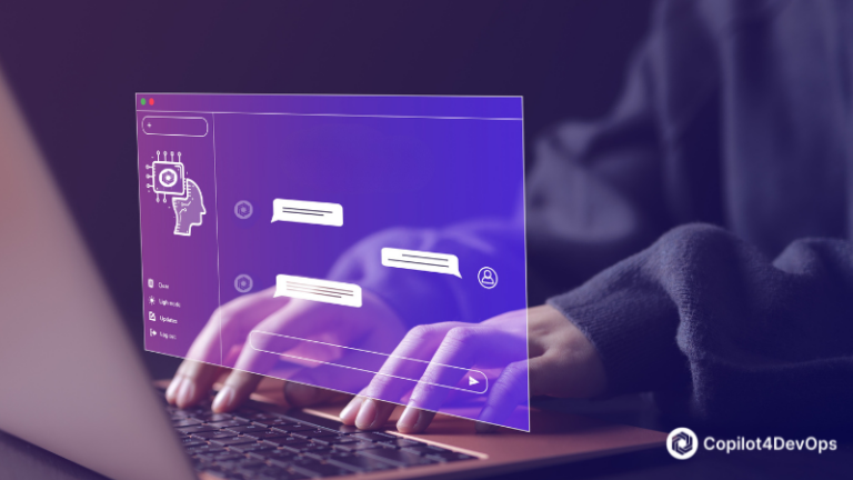 AI-powered chat interface overlaid, representing automation and DevOps assistance.