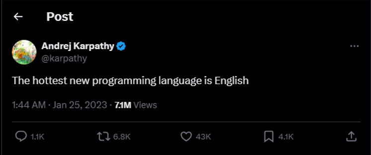 Tweet by Andrej Karpathy saying English is the top programming language.
