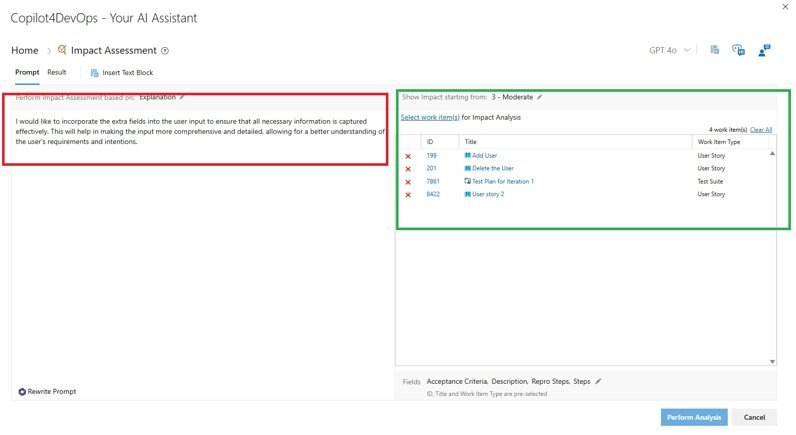Copilot4DevOps Impact Assessment result view with impact explanations and tasks