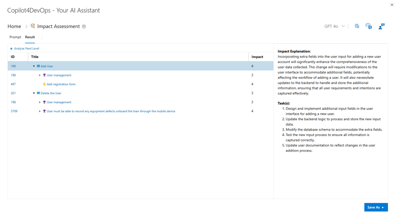 Copilot4DevOps impact assessment input and work item selection screen
