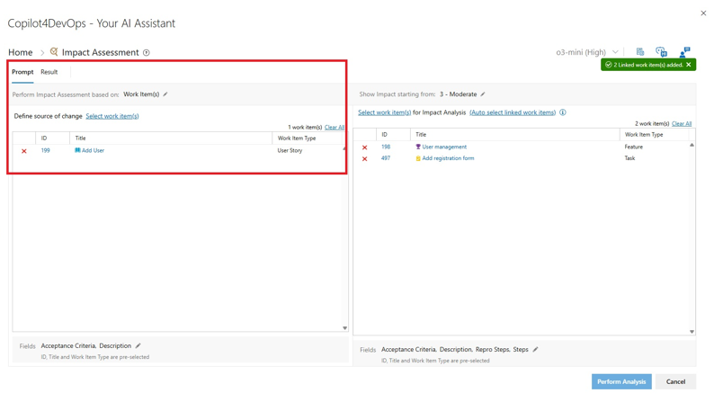 Copilot4DevOps source of change and impact work item selection screen