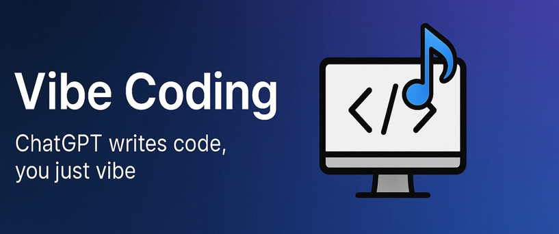 Graphic showing “Vibe Coding” with code symbol and music note.
