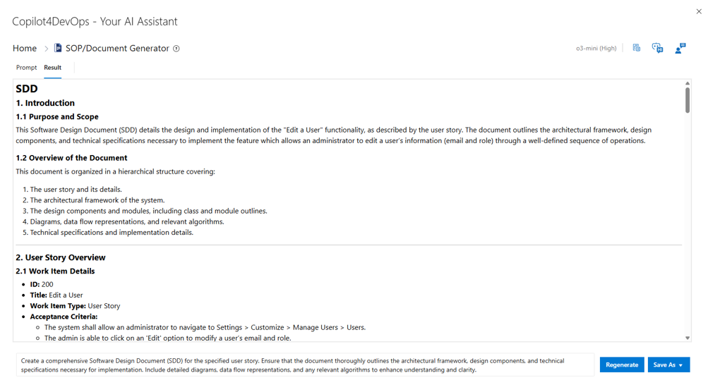 Copilot4DevOps showing auto-generated SDD for Edit a User feature.