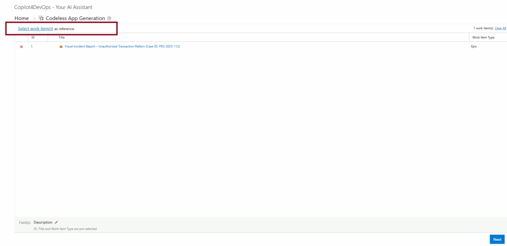 Codeless app generation interface showing selected backlog item