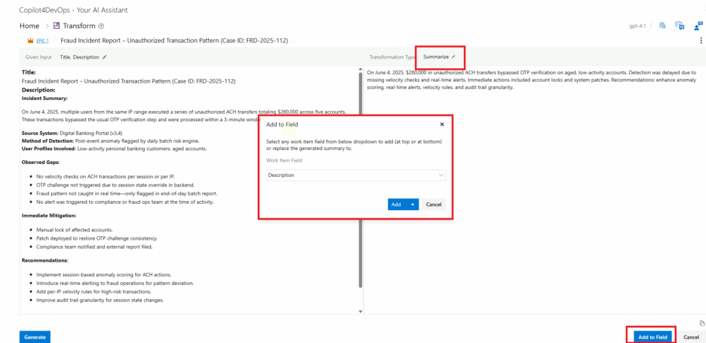 AI-powered incident report summarization in Copilot4DevOps interface