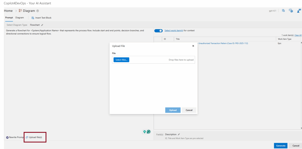 Upload file window for flowchart generation in Copilot4DevOps