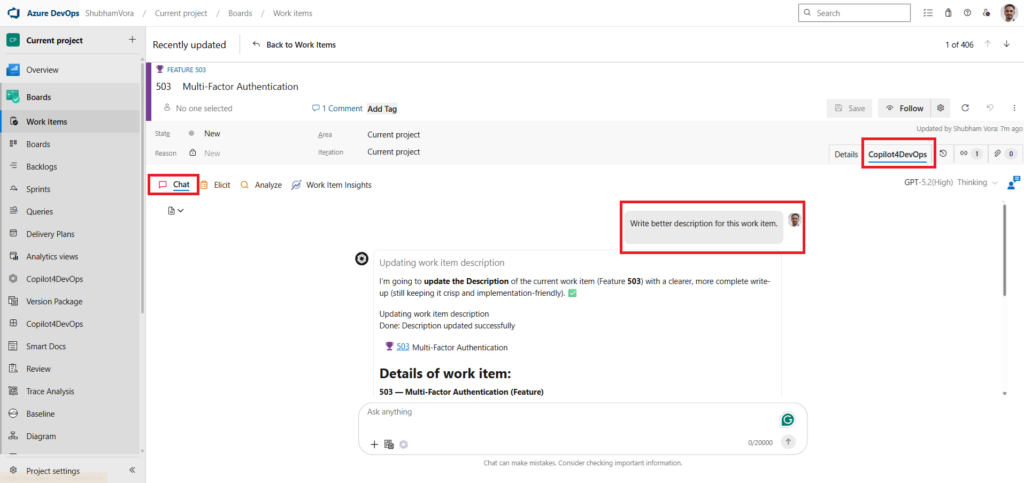 AI chat in work item